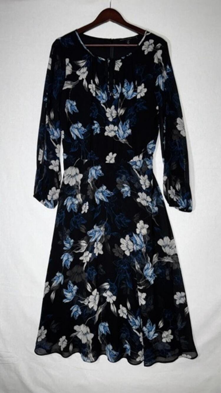 White House Black Market Black Floral Long Sleeve Midi Dress